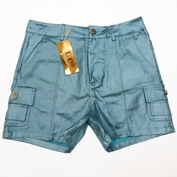Lizette Collection LC Shorts Juniors L Super High Rise Metallic Blue Measure W28 - Picture 10 of 11